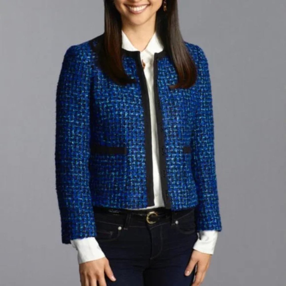 J CREW BLUE BLACK TWEED JACKET braid trim cropped blazer 6